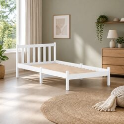 Single Wooden Bed Frame White Bedroom Furniture Pine Slat Base Headboard