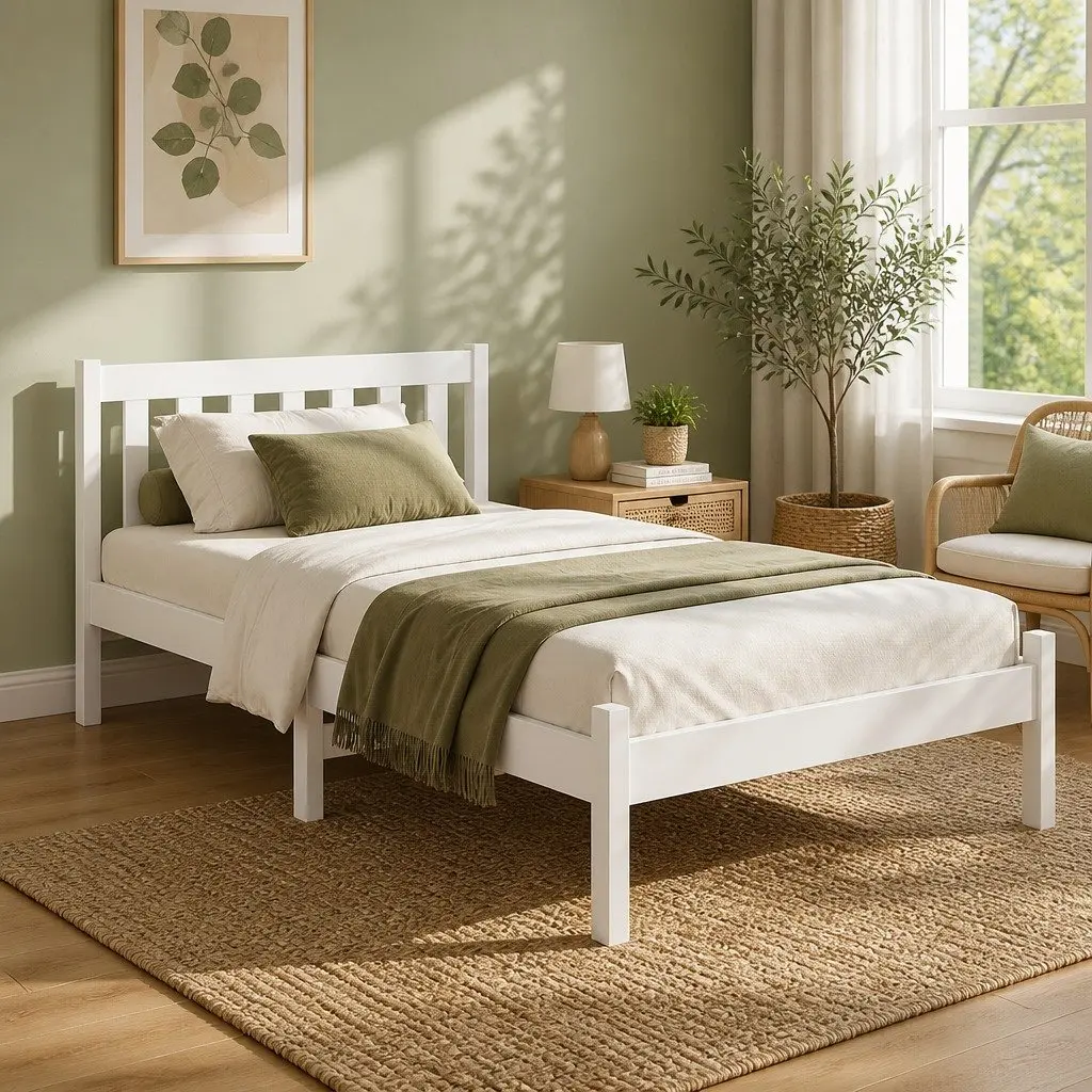 Single Wooden Bed Frame White Pine Slat Base Headboard 198cm x 98cm x 69cm