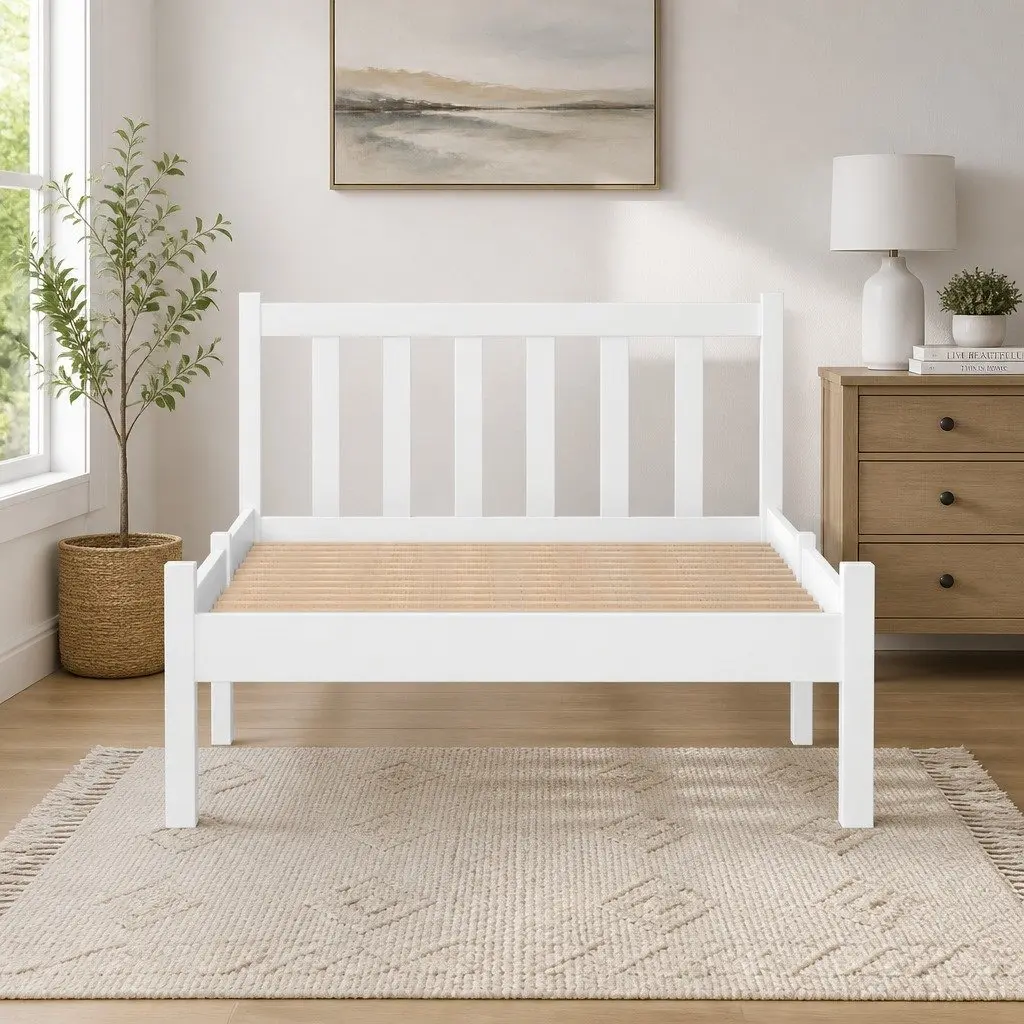 Single Wooden Bed Frame White Pine Slat Base Headboard 198cm x 98cm x 69cm