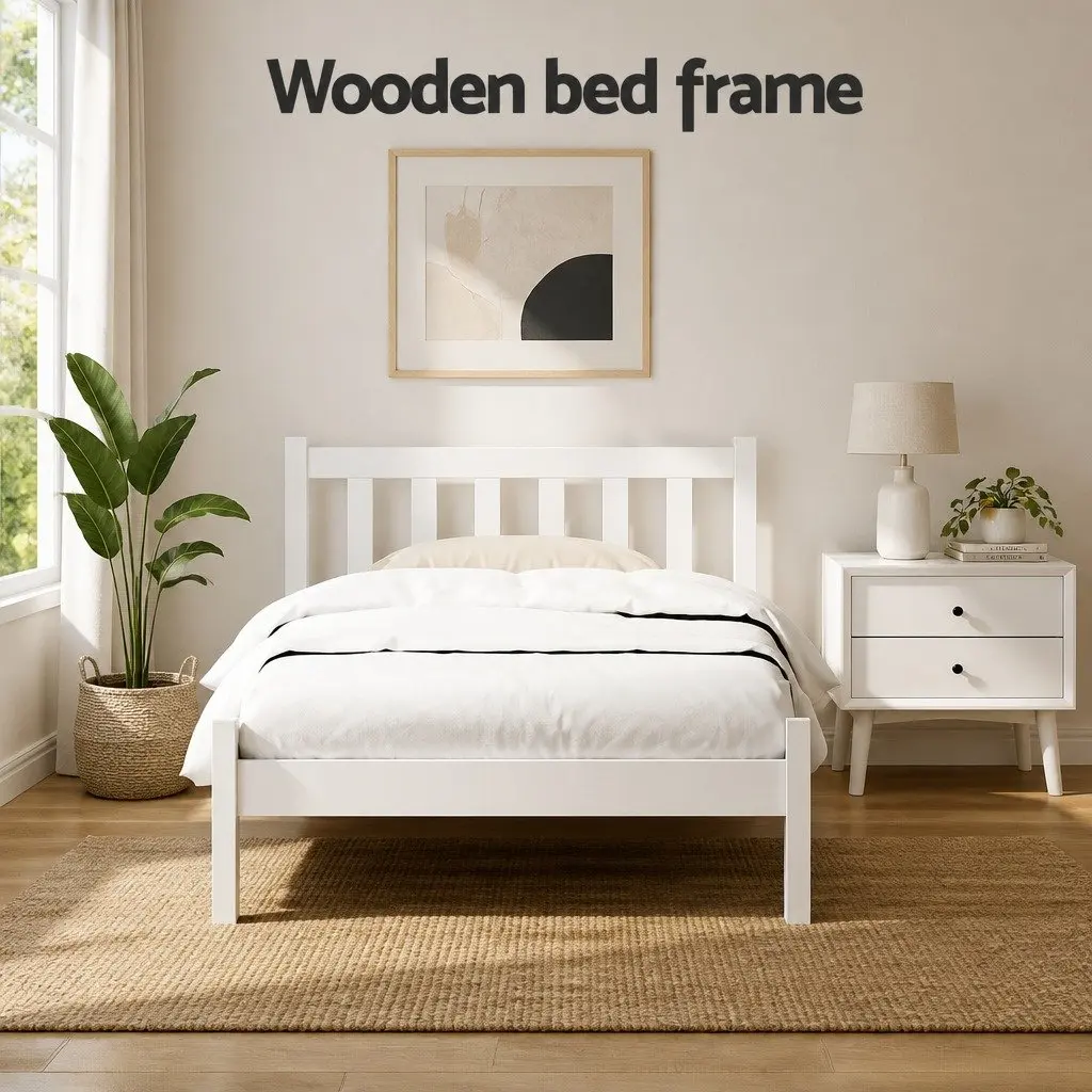 Single Wooden Bed Frame White Pine Slat Base Headboard 198cm x 98cm x 69cm