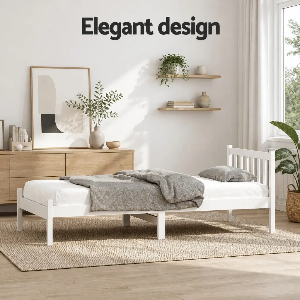 Single Wooden Bed Frame White Pine Slat Base Headboard 198cm x 98cm x 69cm