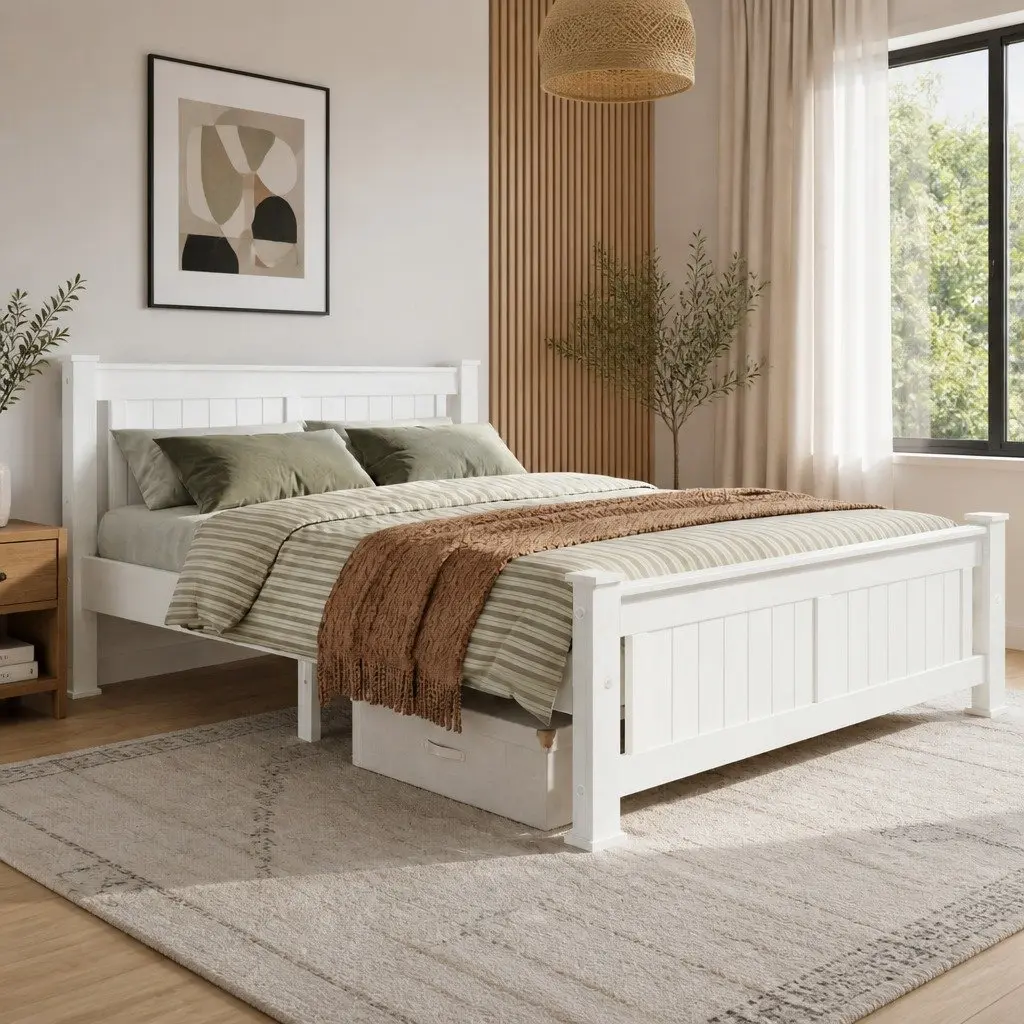 Double Bed Frame Wooden White Slat Base Heavy-Duty Steel Fixings Bedroom
