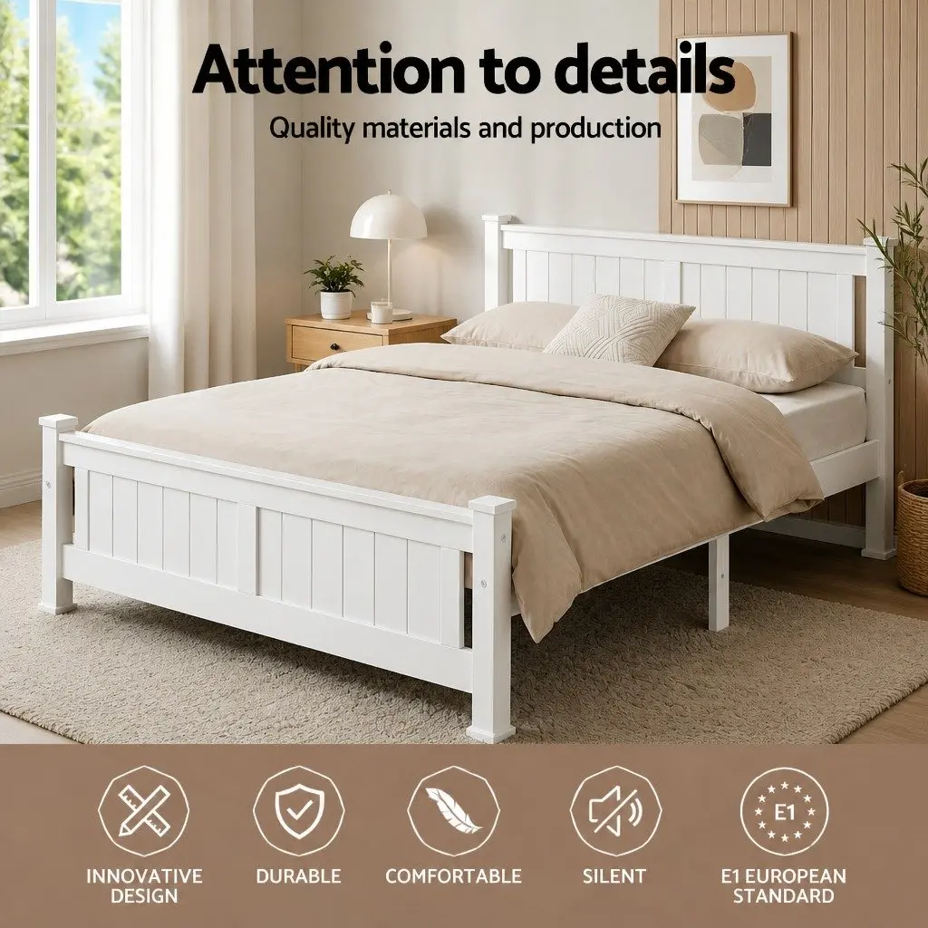 Double Bed Frame Wooden White Slat Base Heavy-Duty Steel Fixings Bedroom