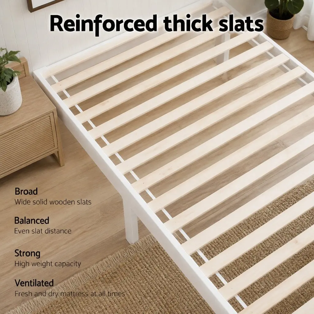 Double Bed Frame Wooden White Slat Base Heavy-Duty Steel Fixings Bedroom