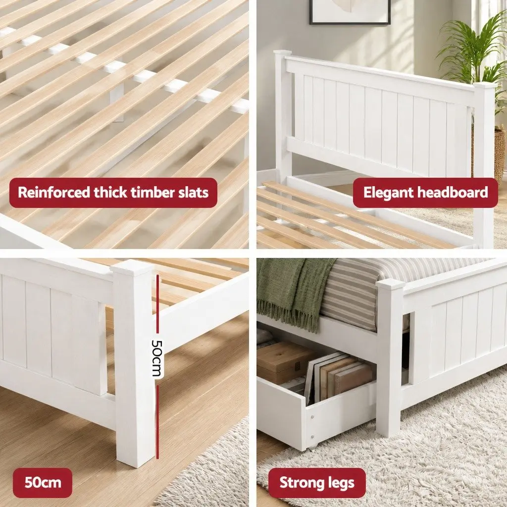 Double Bed Frame Wooden Platform White Storage Drawers Slat Base Australian