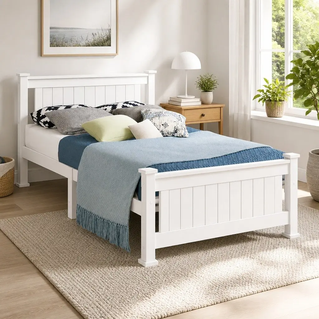 King Single Bed Frame White Wooden Pine Timber with Headboard Slat Base