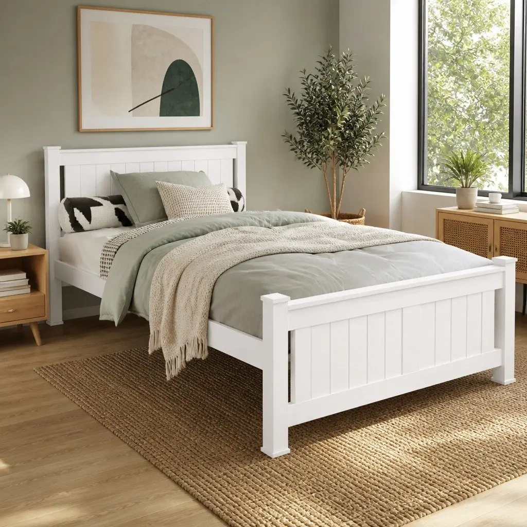King Single Bed Frame White Wooden Pine Timber with Headboard Slat Base