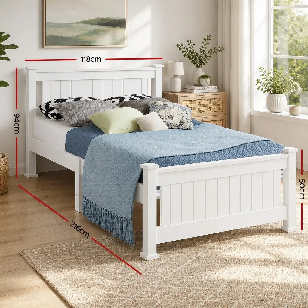 King Single Bed Frame White Wooden Pine Timber with Headboard Slat Base