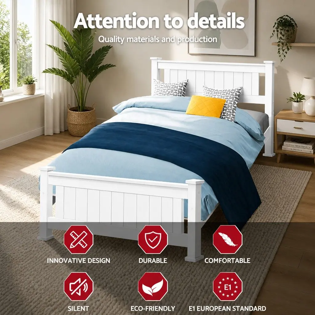 King Single Bed Frame White Wooden Pine Timber with Headboard Slat Base