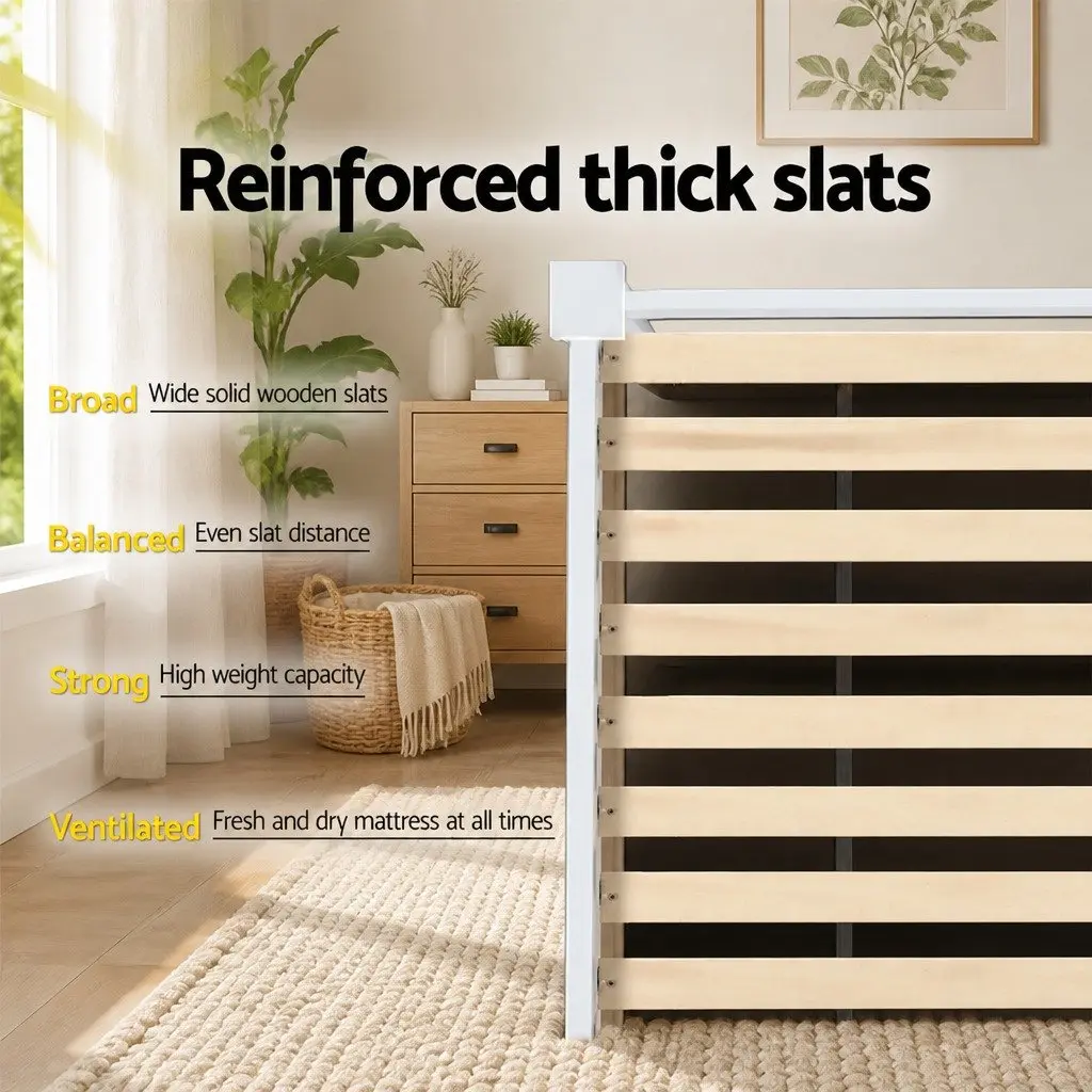 King Single Bed Frame White Wooden Pine Timber with Headboard Slat Base
