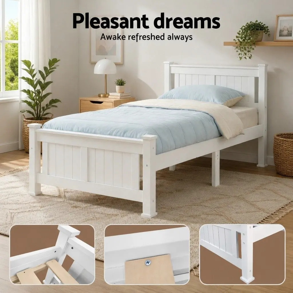 King Single Bed Frame White Wooden Pine Timber with Headboard Slat Base