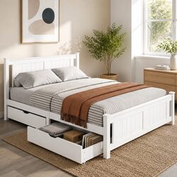 Queen Size Bed Frame Wooden Platform Storage Drawers White Bedroom Furniture