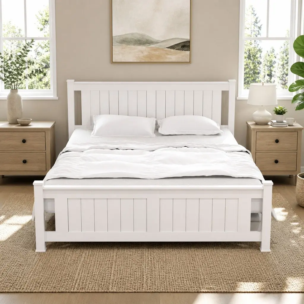 Queen Size Bed Frame Wooden Platform Storage Drawers White Bedroom Furniture
