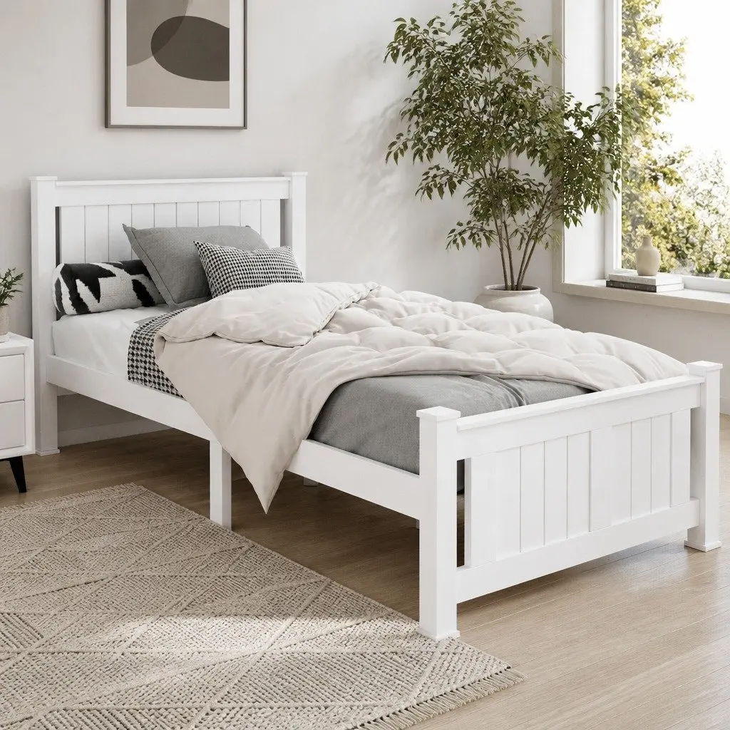 Single Bed Frame White Wooden Pine Timber with Headboard 204cm x 102cm x 94cm