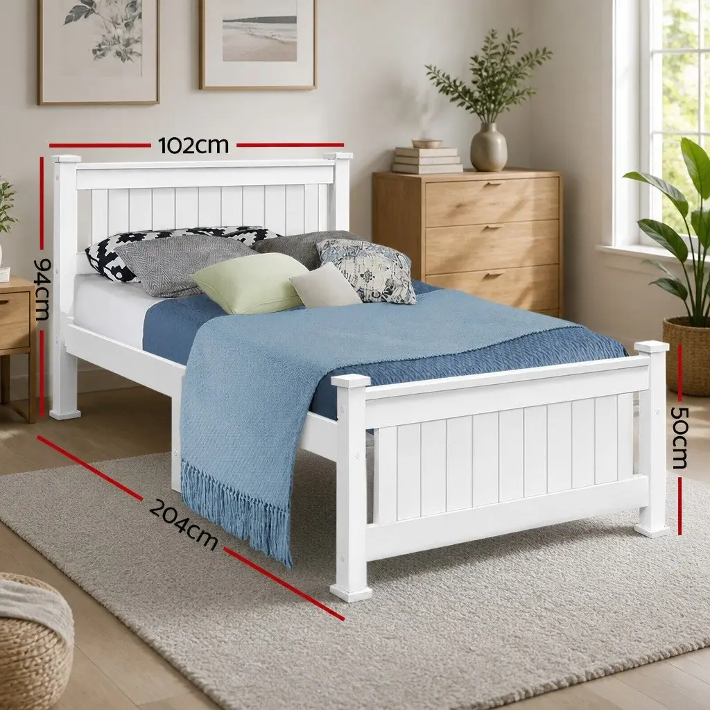 Single Bed Frame White Wooden Pine Timber with Headboard 204cm x 102cm x 94cm