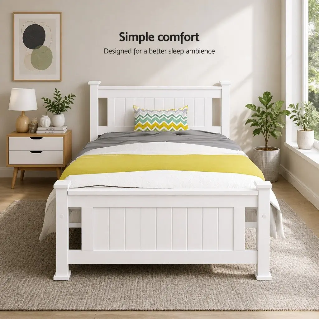 Single Bed Frame White Wooden Pine Timber with Headboard 204cm x 102cm x 94cm