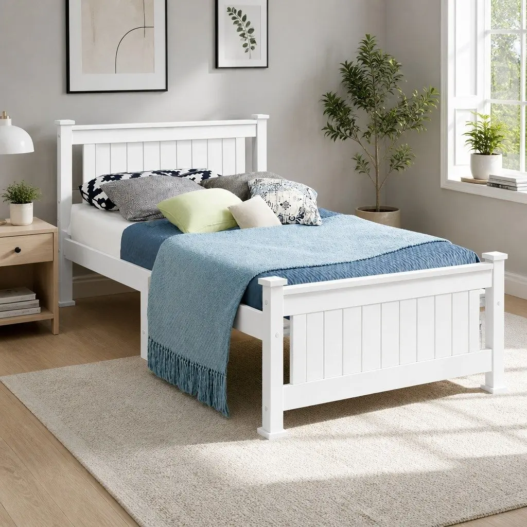 Single Bed Frame White Wooden Pine Timber with Headboard 204cm x 102cm x 94cm