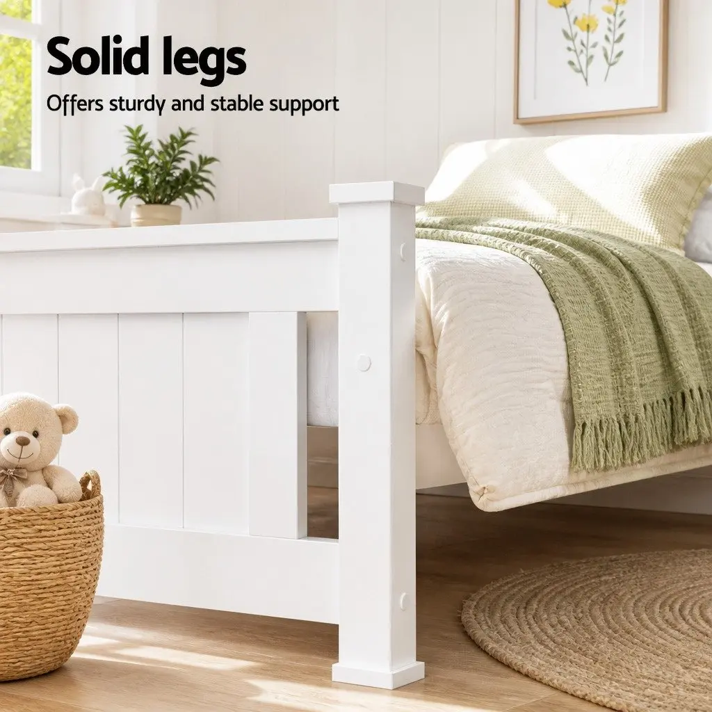 Single Bed Frame Wooden with 2 Storage Drawers White 204cm x 102cm x 94cm