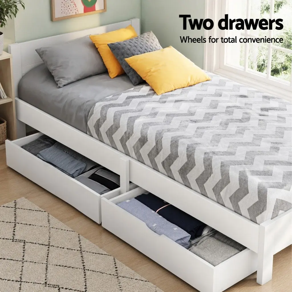 Single Bed Frame Wooden with 2 Storage Drawers White 204cm x 102cm x 94cm