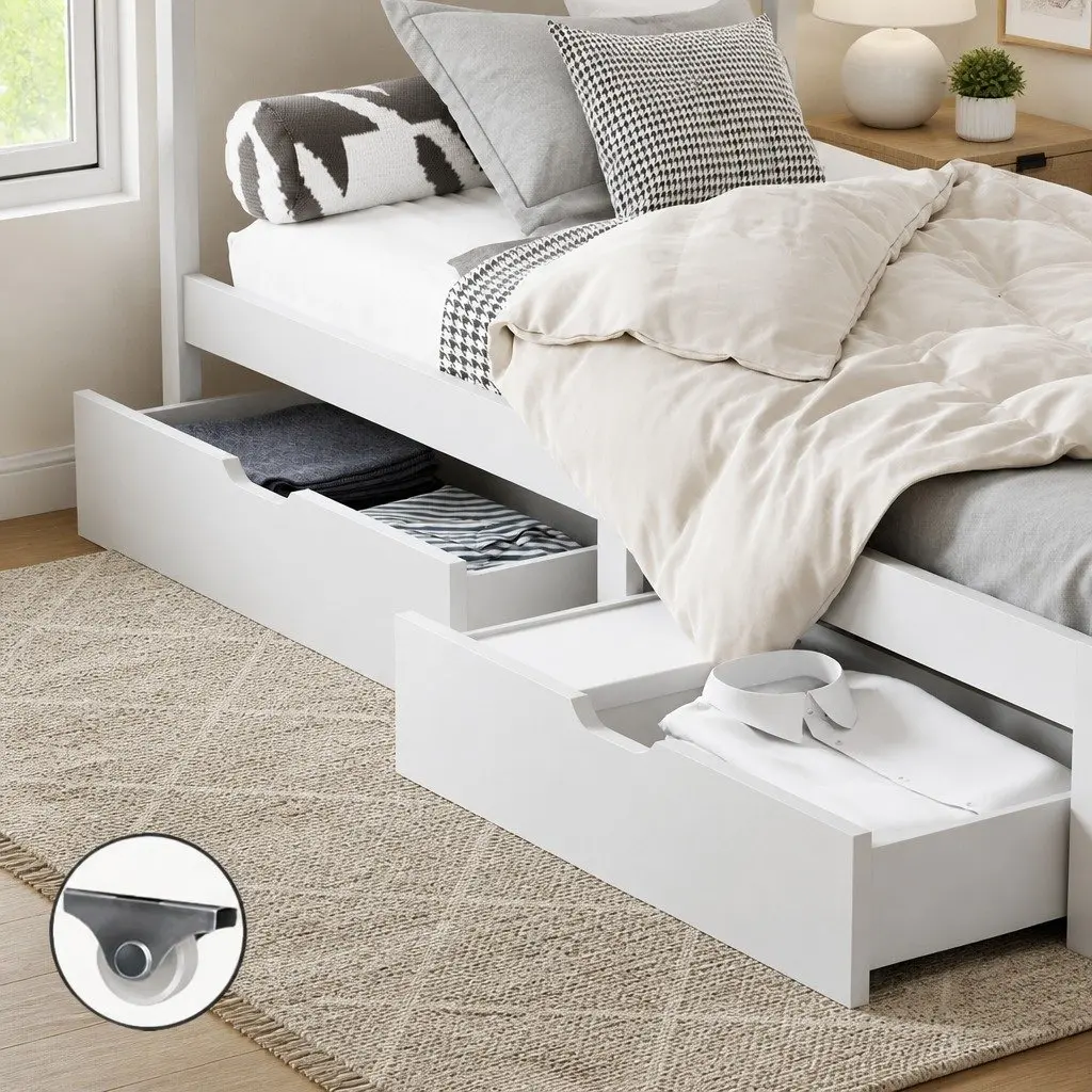 Bed Frame Storage Drawers Trundle Set White Wooden Underbed Drawers with Castors