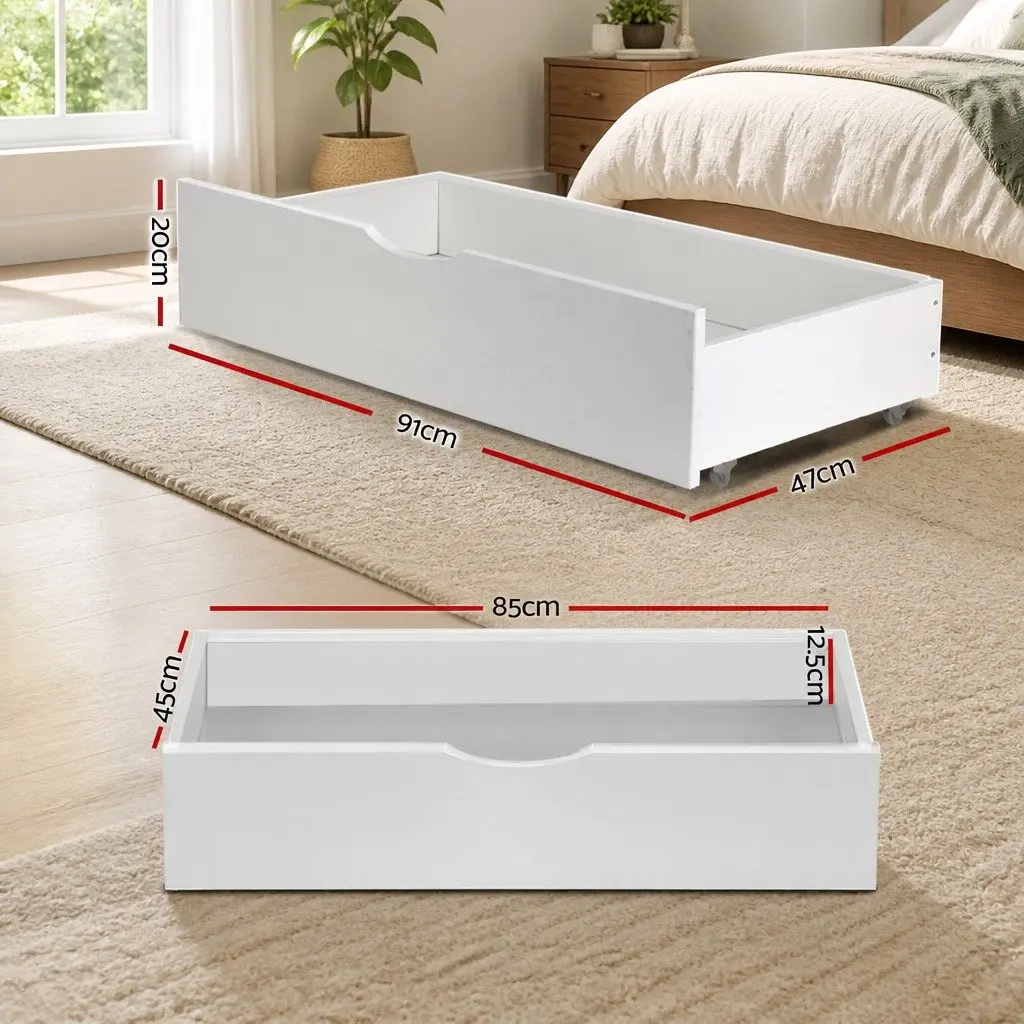 Bed Frame Storage Drawers Trundle Set White Wooden Underbed Drawers with Castors