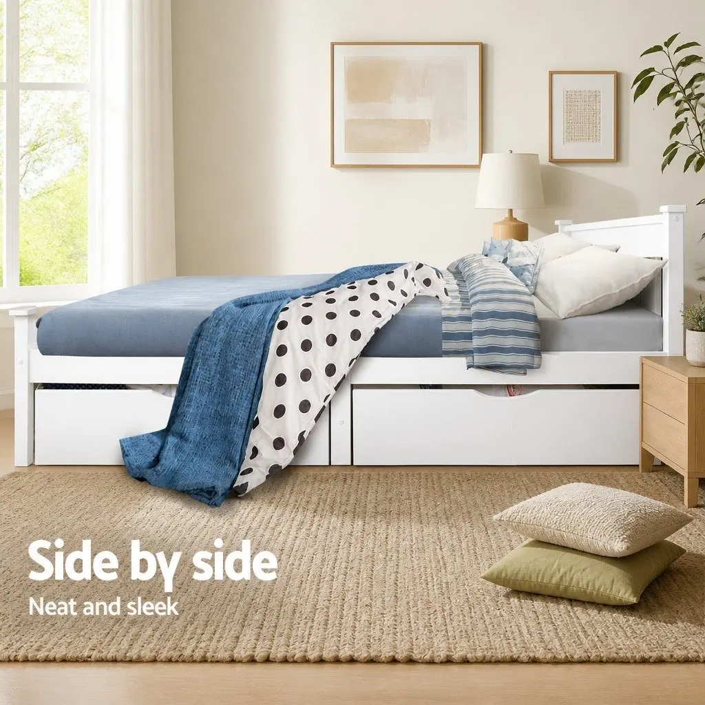 Bed Frame Storage Drawers Trundle Set White Wooden Underbed Drawers with Castors