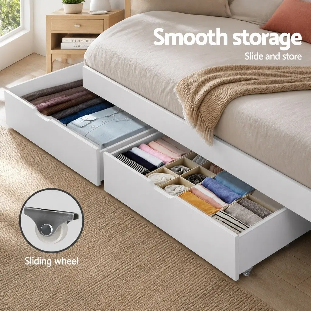Bed Frame Storage Drawers Trundle Set White Wooden Underbed Drawers with Castors