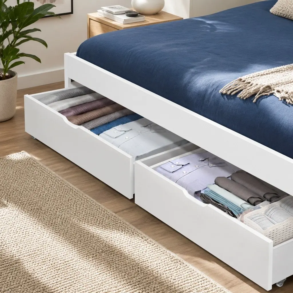 Bed Frame Storage Drawers Trundle Set White Wooden Underbed Drawers with Castors