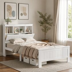 King Single Wooden Bed Frame with 3 Shelves Storage Headboard White