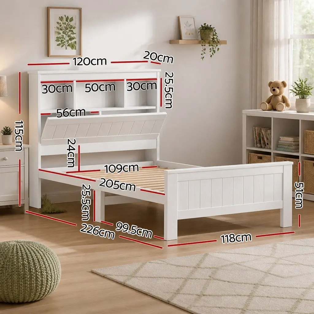 Wooden Bed Frame King Single Size with Storage Shelves and Bed Head in White