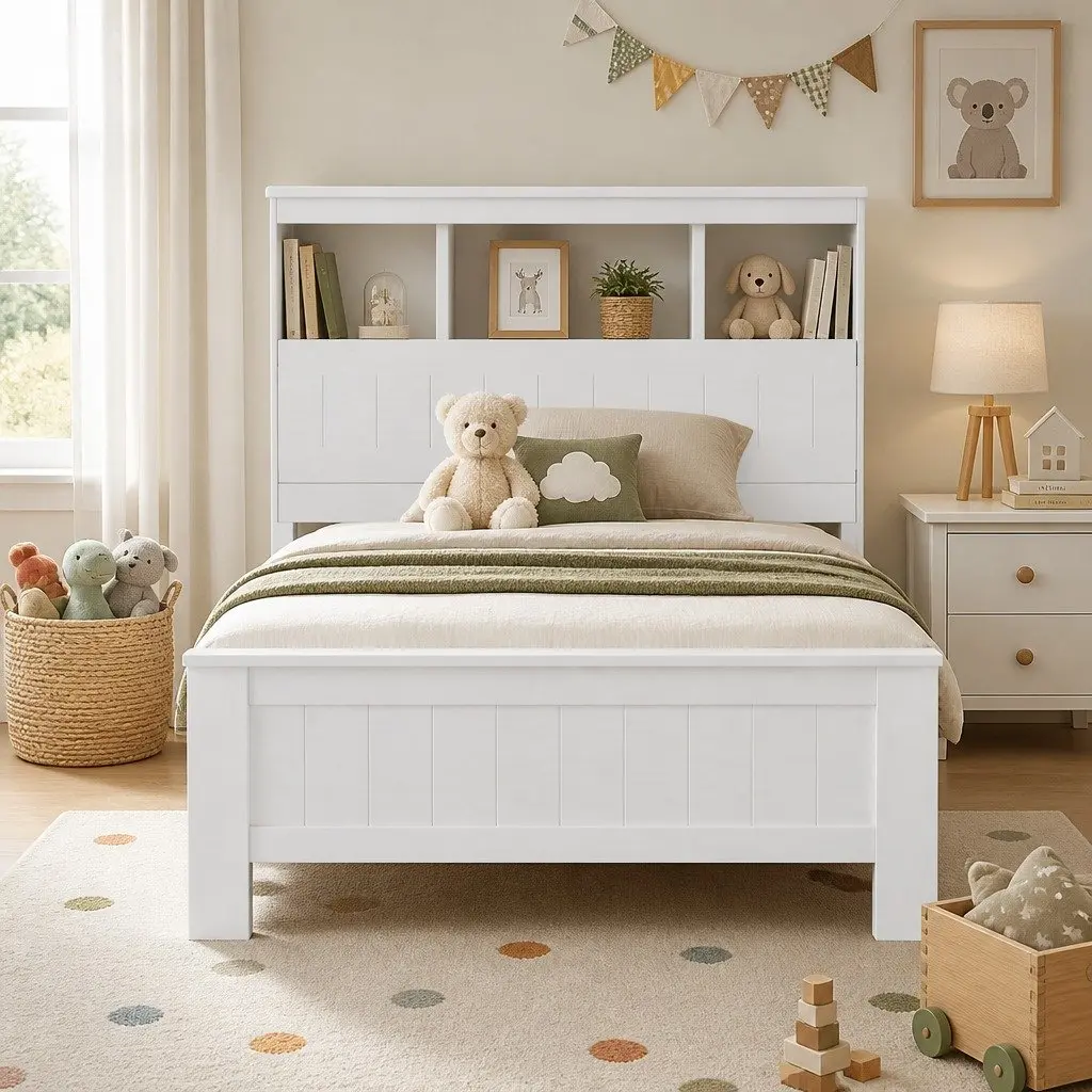Wooden Bed Frame King Single Size with Storage Shelves and Bed Head in White