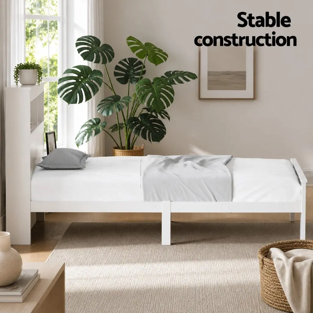 Wooden Bed Frame King Single Size with Storage Shelves and Bed Head in White