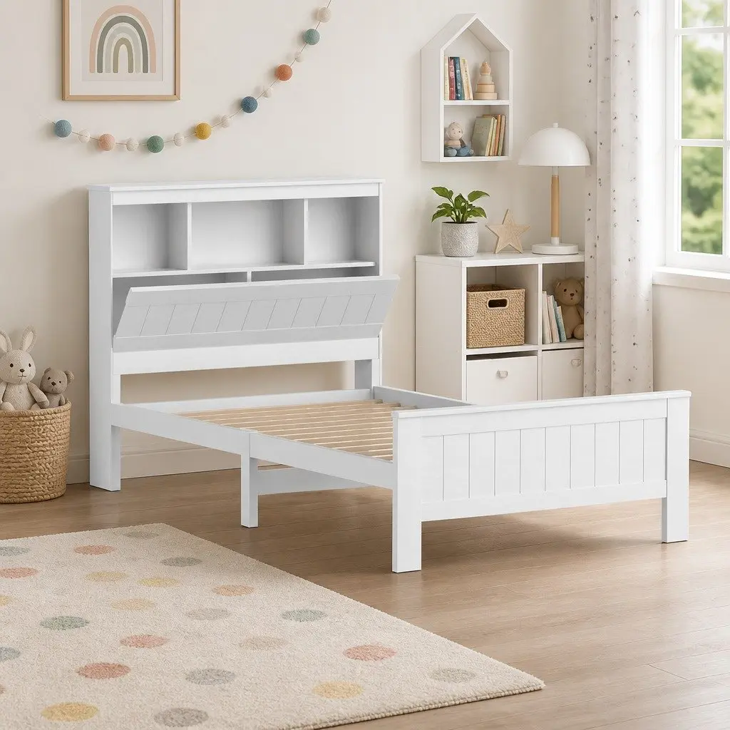 Wooden Bed Frame King Single Size with Storage Shelves and Bed Head in White
