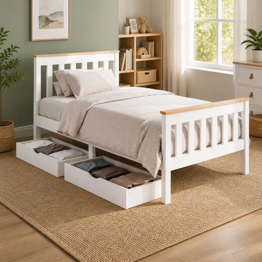 Single Bed Frame Wooden Platform with 2 Storage Drawers White Bedroom Furniture