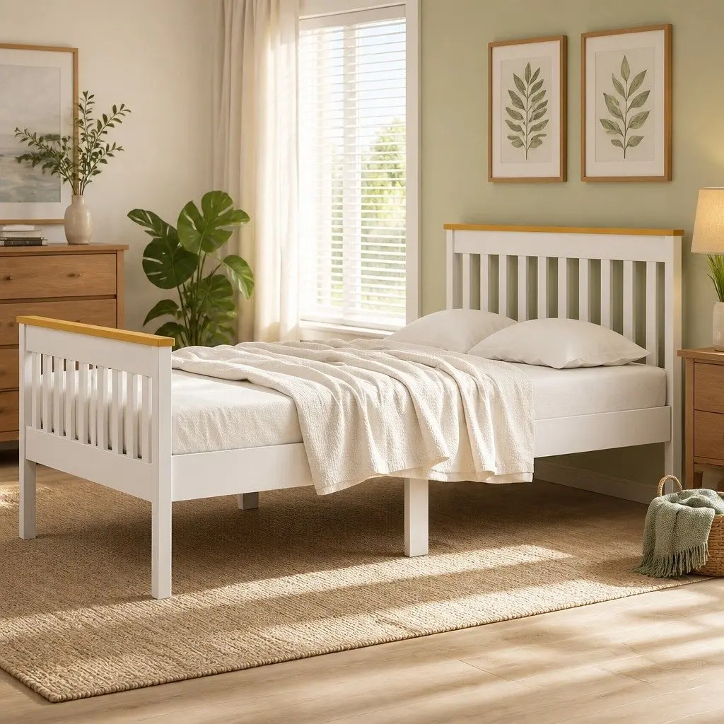 Single Bed Frame Wooden Platform with 2 Storage Drawers White Bedroom Furniture