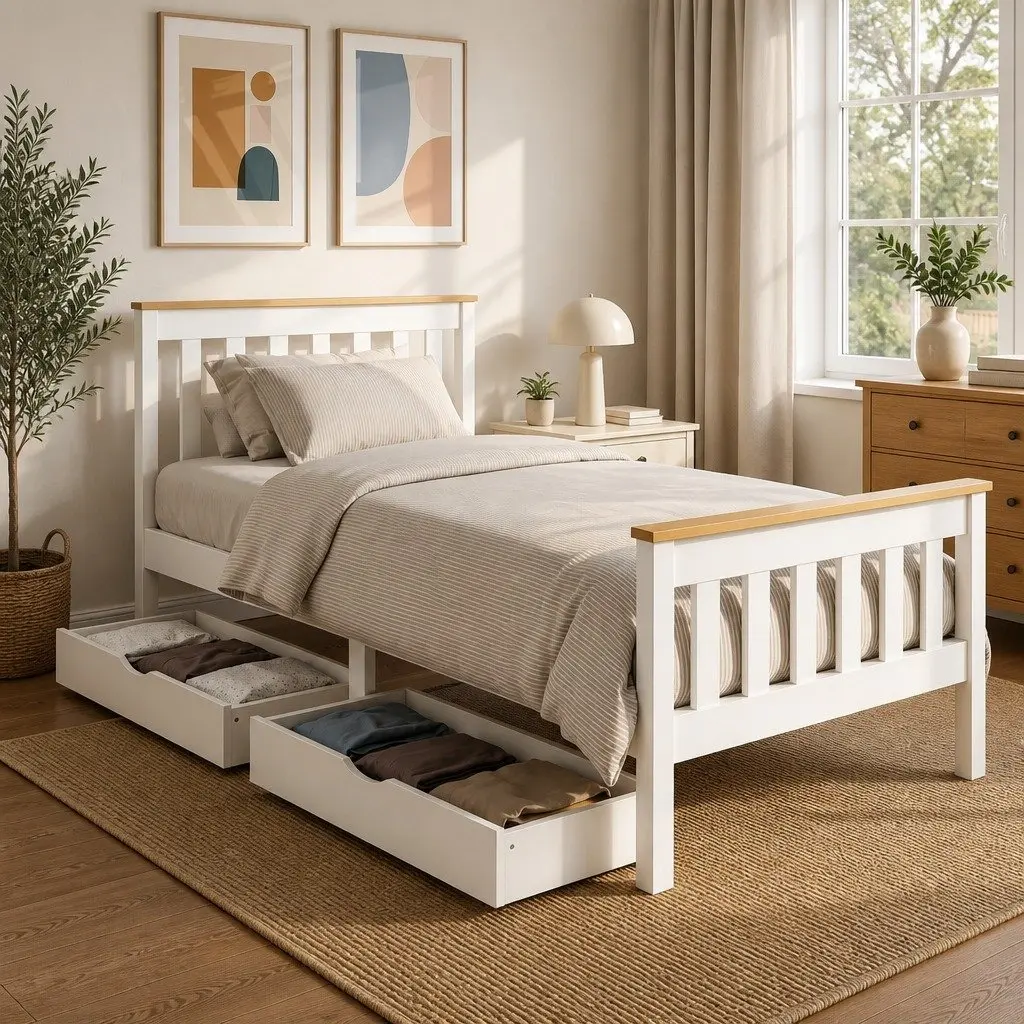 Single Bed Frame Wooden Platform with 2 Storage Drawers White Bedroom Furniture