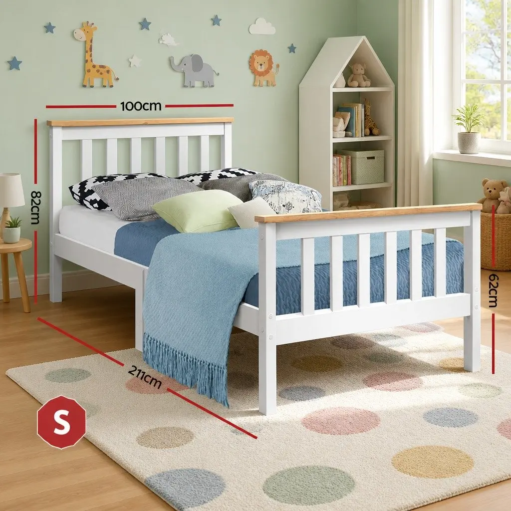 Single Wooden Bed Frame White Pine Wood Slat Support Bedroom Furniture