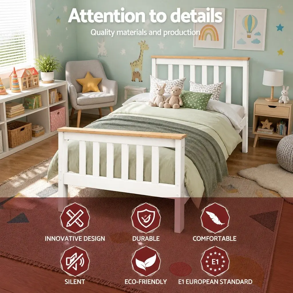 Single Wooden Bed Frame White Pine Wood Slat Support Bedroom Furniture