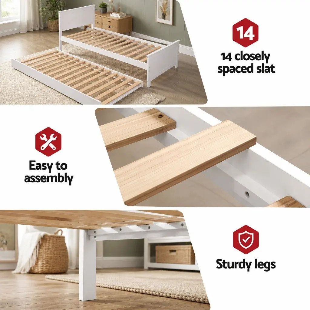 Single Bed Frame with Pull-Out Trundle Solid Pine Wood White Toddler Bunk Bed