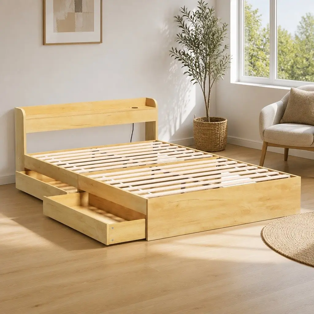Pine Wood Double Bed Frame with Storage Drawers and USB Charging Ports 211x142x70cm