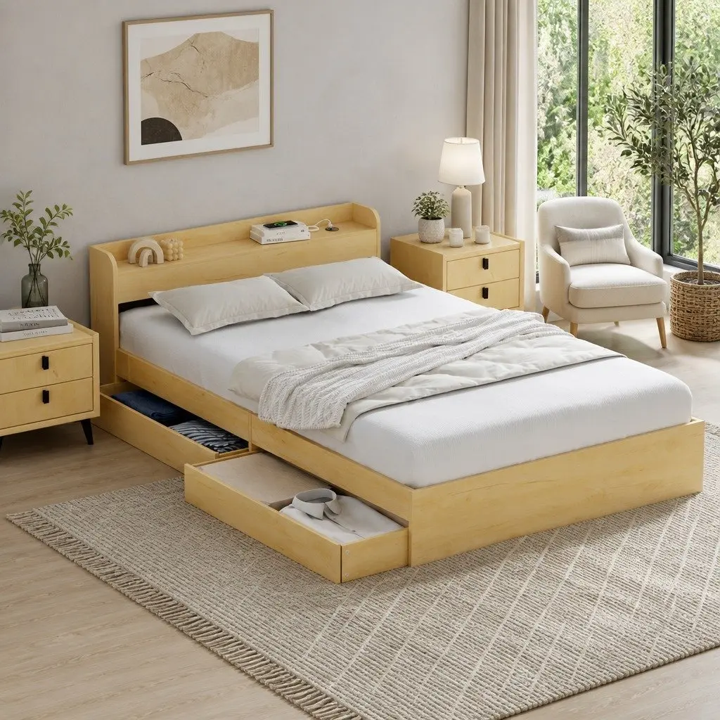 Pine Wood Double Bed Frame with Storage Drawers and USB Charging Ports 211x142x70cm
