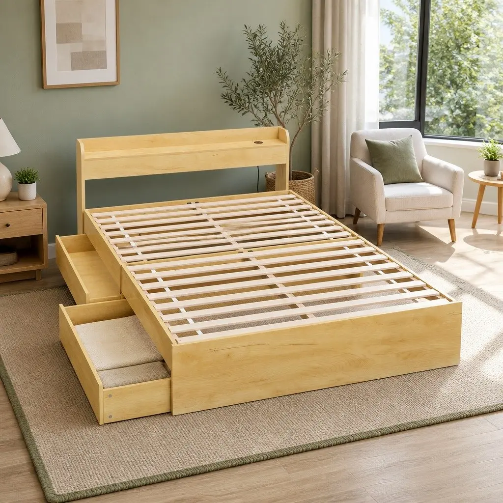 Pine Wood Double Bed Frame with Storage Drawers and USB Charging Ports 211x142x70cm