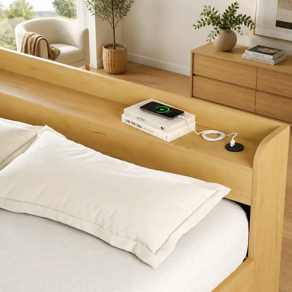 Pine Wood Double Bed Frame with Storage Drawers and USB Charging Ports 211x142x70cm