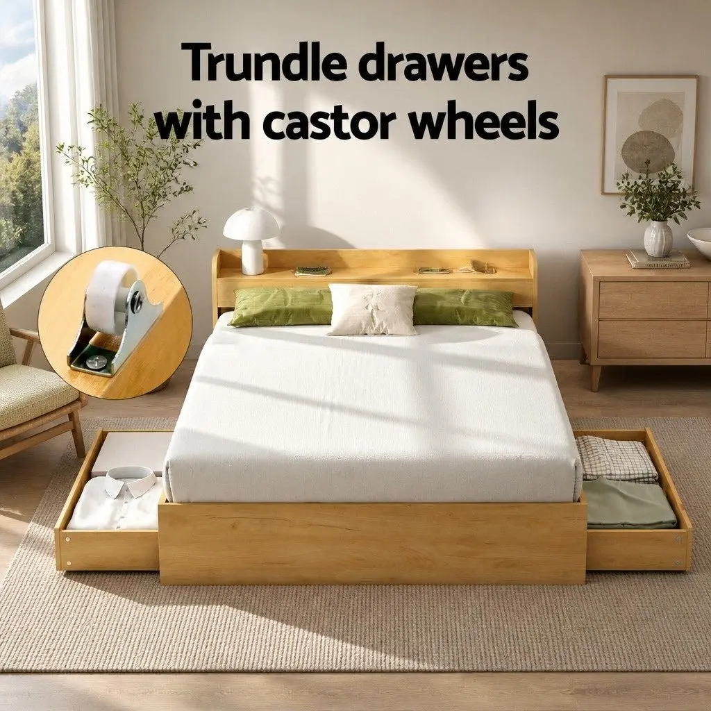 Pine Wood Double Bed Frame with Storage Drawers and USB Charging Ports 211x142x70cm