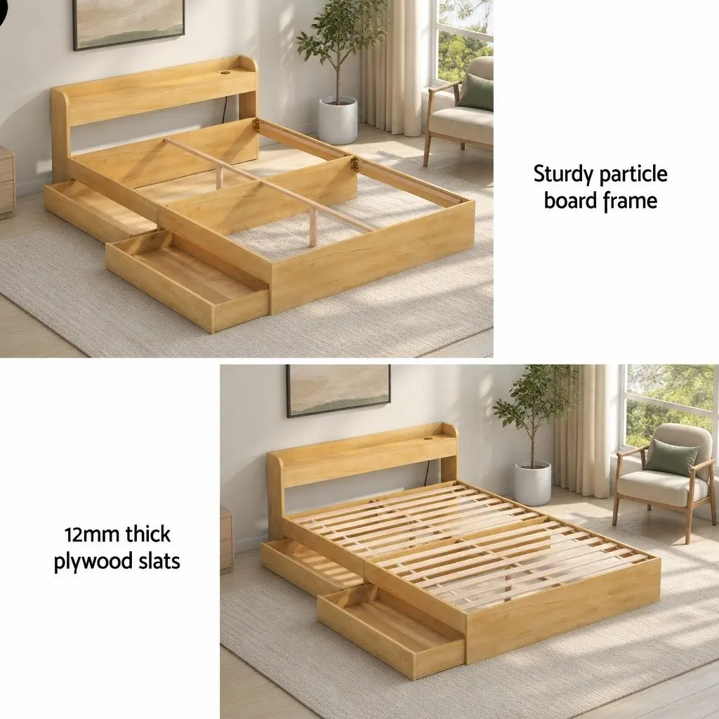 Pine Wood Double Bed Frame with Storage Drawers and USB Charging Ports 211x142x70cm
