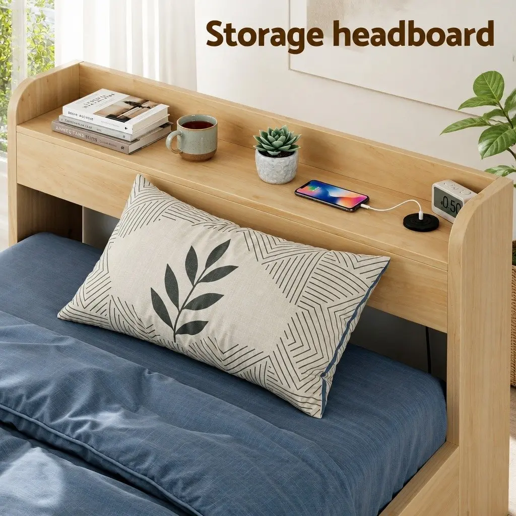 King Single Bed Frame with Storage Drawers USB Ports Headboard Platform Base