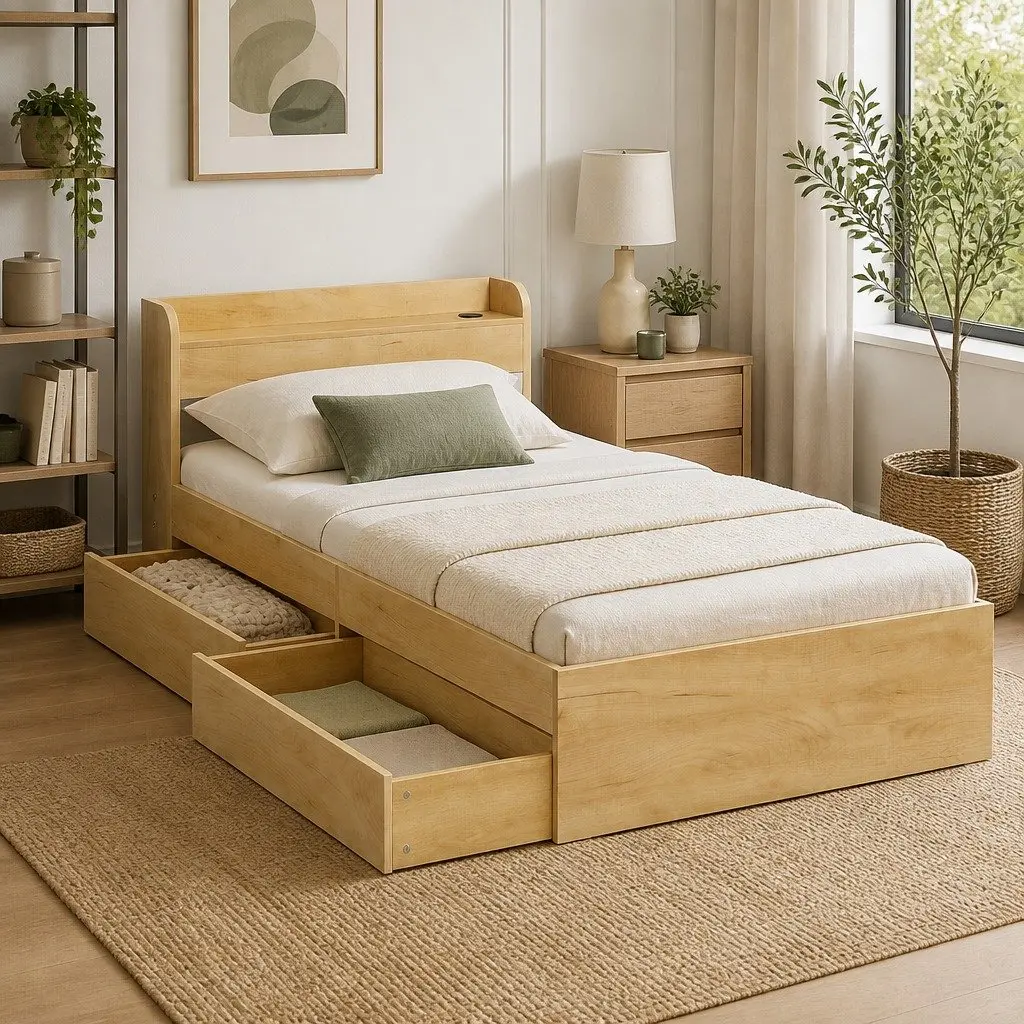 King Single Bed Frame with Storage Drawers USB Ports Headboard Platform Base