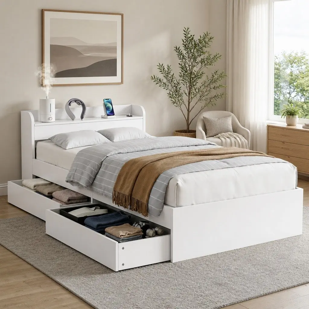 King Single Bed Frame with USB and Storage