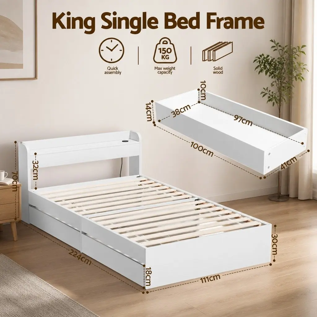 King Single Bed Frame with USB and Storage
