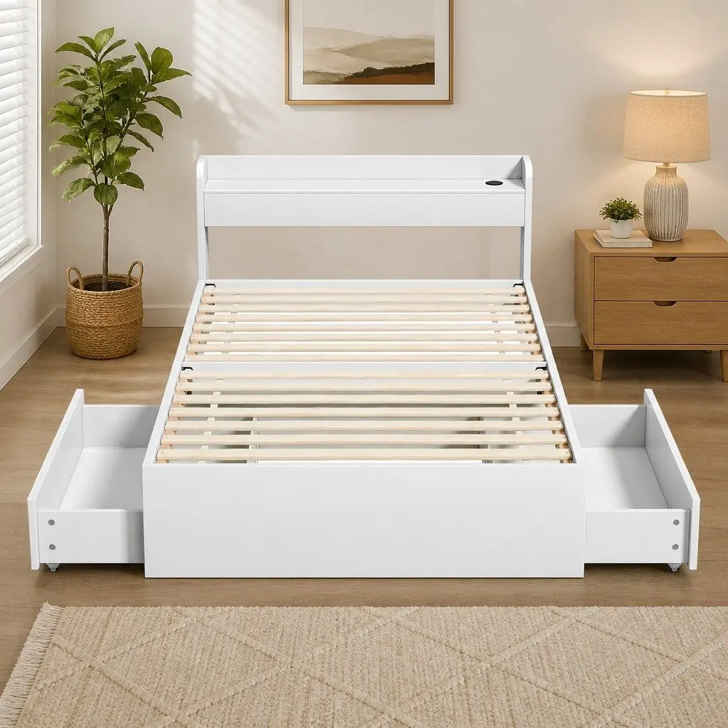 King Single Bed Frame with USB and Storage